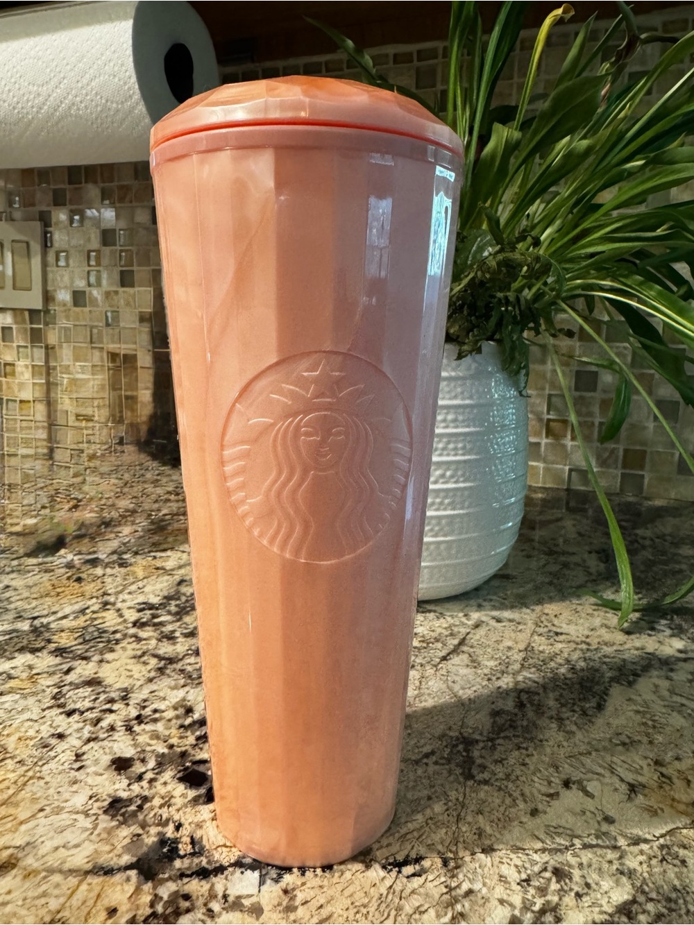 Starbucks Peach Pink Marble Tall Reusable Cup with Embossed Logo
